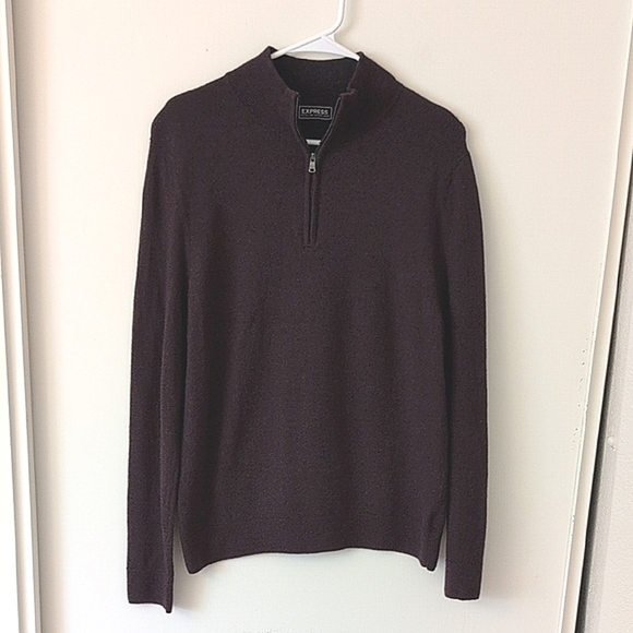 Express Mens Large 100% Extra Fine Merino Wool Quarter Zip Sweater Maroon - Picture 1 of 8